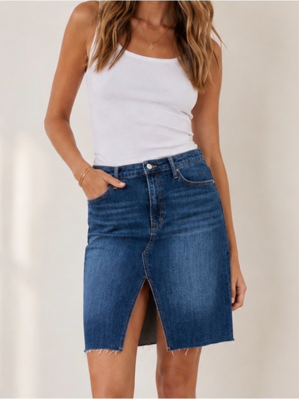 New Joes Denim Front-Slit Pencil Skirt - Blue